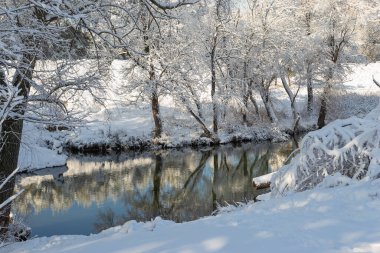 Winter landscape on a snowy sunny day with an unfrozen river and snow-covered trees 