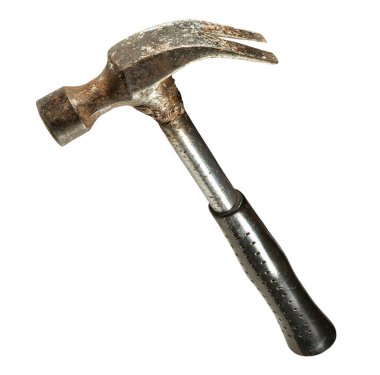 Old rusty hammer with a nail puller. Isolated on a white background 