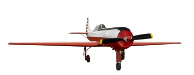 Pervaneli piston motorlu kırmızı ve beyaz akrobatik spor uçaklarının ön tarafı. Beyaz arkaplanda izole 