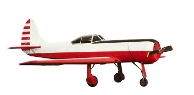 Pervaneli piston motorlu kırmızı ve beyaz akrobatik spor uçaklarının yan görüntüsü. Beyaz arkaplanda izole 