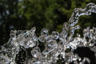 Çeşmeden gelen su, yeşilliğin bulanık arka planına vuruyor. Hızlı deklanşör hızıyla hareket efektini dondur 