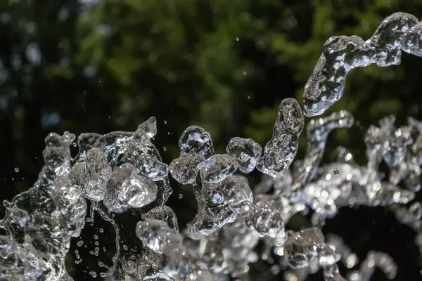Çeşmeden gelen su, yeşilliğin bulanık arka planına vuruyor. Hızlı deklanşör hızıyla hareket efektini dondur 
