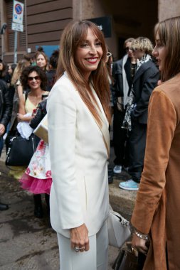 MILAN, ITALY - SEPTEMBER 25, 2022: Benedetta Parodi before Luisa Spagnoli fashion show, Milan Fashion Week street style