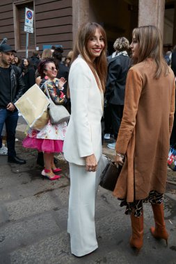 MILAN, ITALY - SEPTEMBER 25, 2022: Benedetta Parodi before Luisa Spagnoli fashion show, Milan Fashion Week street style