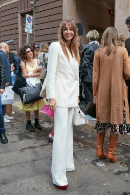 MILAN, ITALY - SEPTEMBER 25, 2022: Benedetta Parodi before Luisa Spagnoli fashion show, Milan Fashion Week street style