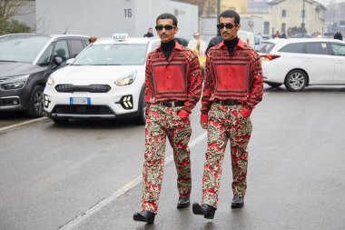 MILAN, ITALY - JANUARY 15, 2023: Mohammed Hadban and Humaid Hadban before Etro fashion show, Milan Fashion Week street style