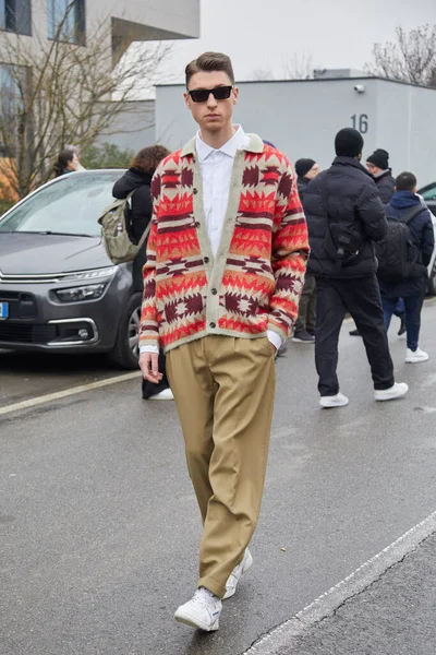 Milan Italy January 2023 Man Beige Trousers Wool Sweater Geometric — Stock Photo, Image