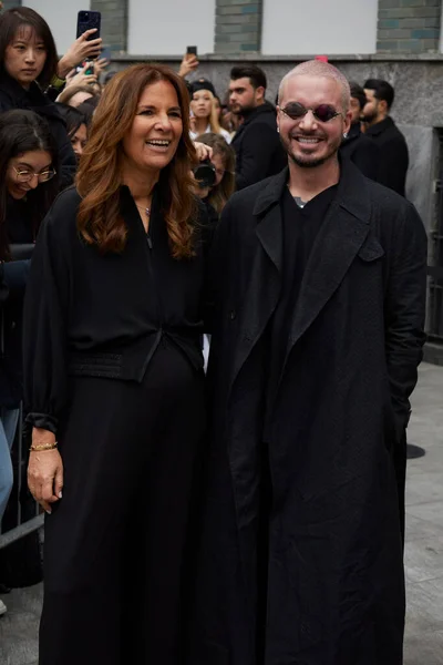 stock image MILAN, ITALY - FEBRUARY 23, 2023: J Balvin and Roberta Armani before Emporio Armani fashion show, Milan Fashion Week street style