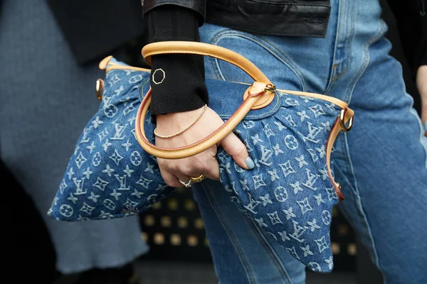 Milan Italy February 2023 Woman Blue Denim Louis Vuitton Bag — стокове фото