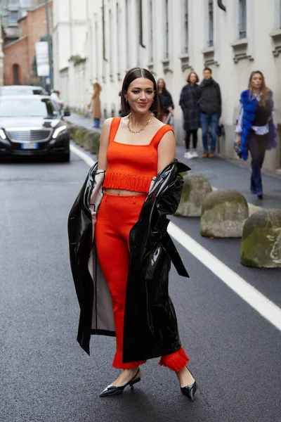 Milan Italy February 2023 Woman Orange Top Trousers Black Pvc — Stock Photo, Image