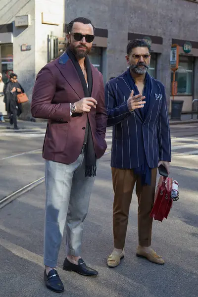 Milan Italy January 2024 Elegant Men Burgundy Jacket Blue Striped — Stock Photo, Image