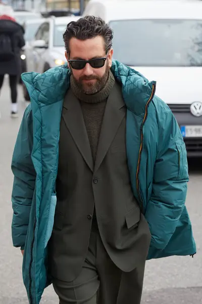 Milan Italy January 2024 Man Dark Green Jacket Trousers Turtleneck — Stock Photo, Image