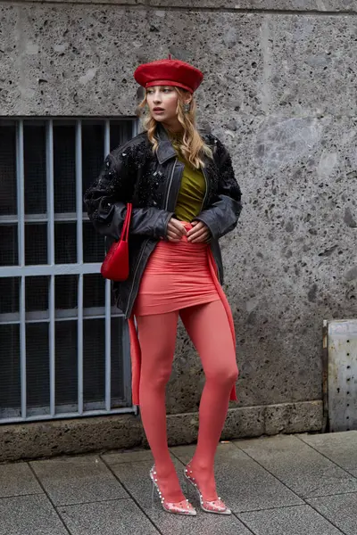 Milan Italy February 2024 Woman Pink Stockings Skirt Black Leather — Stock Photo, Image