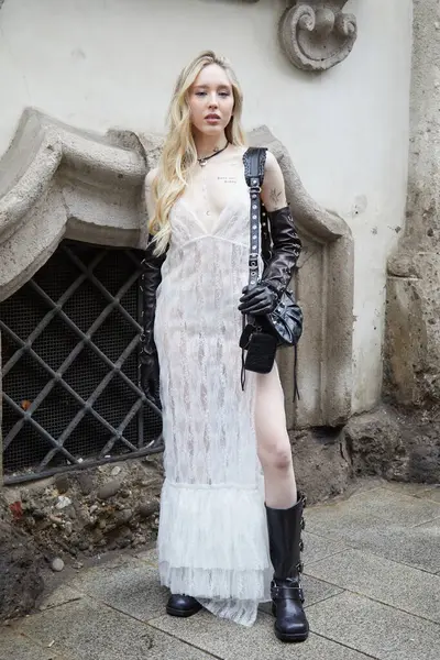 Milan Italy February 2024 Woman White Lace Dress Black Leather — Stock Photo, Image