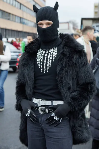 Milan Italy February 2024 Man Black Balaclava Fur Coat Gucci — Stock Photo, Image