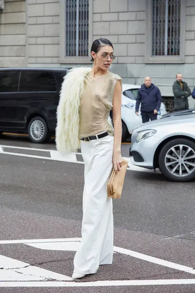 Milan Italy February 2024 Victoria Stella Net Shirt White Trousers Stock Picture