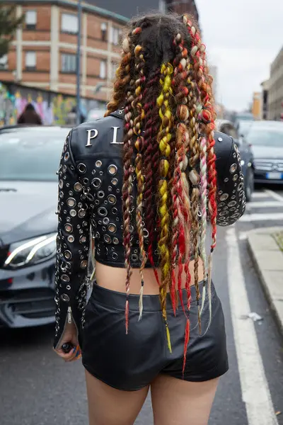 Milan Italy February 2024 Woman Colorful Braids Philipp Plein Black Stock Image