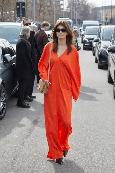 stock image MILAN, ITALY - FEBRUARY 24 , 2024: Maggy before Ferragamo fashion show, Milan Fashion Week street style