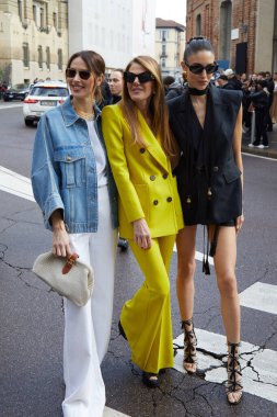 MILAN, İtalya - 25 Şubat 2024: Luisa Spagnoli defilesinden önce Anna dello Russo, Milan Moda Haftası tarzı