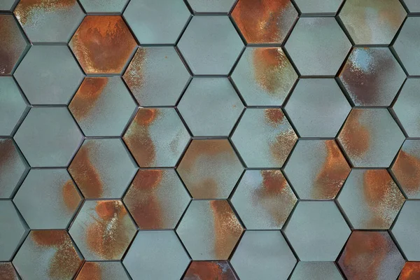 Hexagonala Plattor Teal Blå Med Rostliknande Orange Märken Upprepade Mönster — Stockfoto