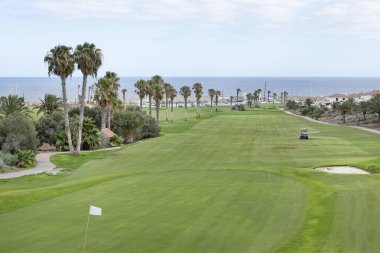 Amarilla Golf, Tenerife, Kanarya Adaları, İspanya - 23 Haziran 2023: Atlantik 'e ve yakınlarındaki küçük marina manzaralarına sahip sakin tatil beldesinde yuva yapmış 18 delikli popüler golf sahası