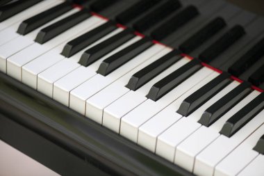 Piyano klavyesine yakın çekim, alternatif abanoz ve fildişi tuşların titiz düzenini, klasik, caz ve diğer türlerin temel müzik aletlerini, çok yönlü ses aralığından dolayı sergiliyor