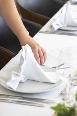 Bir kadının eli nazikçe beyaz bir pamuk peçeteyi katlıyor, dekoratif bir teknik, sofra hazırlıklarına zarif bir dokunuş ekliyor ve özel bir etkinlik, düğün kutlaması ya da resmi bir akşam yemeği hazırlıyor.