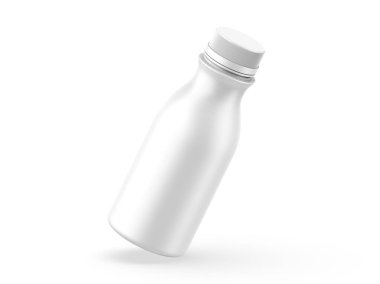 Lezzetli yoğurt sütü şişesi tasarım ve markalaşma için plastik maket, 3 boyutlu resimleme.