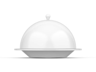 İzole edilmiş beyaz arka planda beyaz plastik restoran plakası modeli, 3 boyutlu resimleme