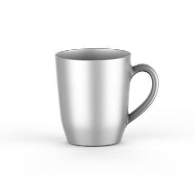 Metalik seramik çay fincanı modelleme şablonu, beyaz arka planda porselen kahve fincanı, 3D çizim.