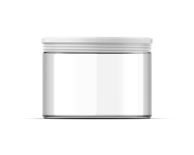 Markalaşma ve promosyon için boş cam kozmetik kavanozu, şeffaf kozmetik kabı modeli, 3D illüstrasyon