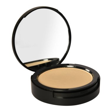 Yuvarlak kutuda aynalı pudra. Yastık yüzlü vakıf davası. Kozmetik güzellik ürün paketi şablonu. Marka ve reklamlar için bir model. 3d illüstrasyon