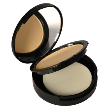 Yuvarlak kutuda aynalı pudra. Yastık yüzlü vakıf davası. Kozmetik güzellik ürün paketi şablonu. Marka ve reklamlar için bir model. 3d illüstrasyon