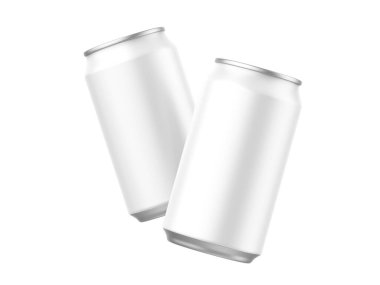 Bira, soda, meyve suyu, enerji içeceği ve köpüklü su için iki metal kutu markalaşma için ambalaj şablonu, 3D illüstrasyon