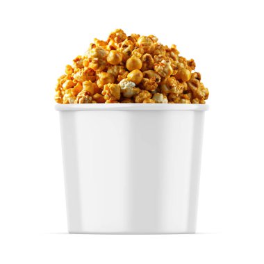 Karamelli peynir patlamış mısır küvet modeli, izole edilmiş beyaz arka planda patlamış mısır için kağıt kova ambalajı, 3 boyutlu illüstrasyon