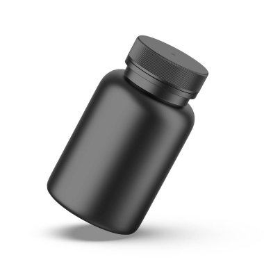 Siyah diyet takviyesi PET ambalaj şişesi beyaz arka planda, 3D illüstrasyon.