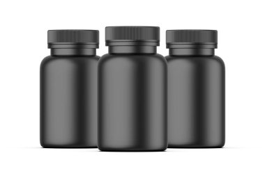 Siyah diyet takviyesi PET ambalaj şişesi beyaz arka planda, 3D illüstrasyon.