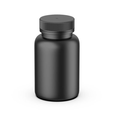 Siyah diyet takviyesi PET ambalaj şişesi beyaz arka planda, 3D illüstrasyon.