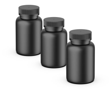 Siyah diyet takviyesi PET ambalaj şişesi beyaz arka planda, 3D illüstrasyon.