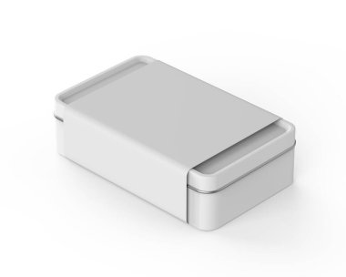 Paslanmaz çelik ya da teneke metal, parlak gümüş kutu kutusu ambalaj tasarımı için hazırlanıyor. 3d illüstrasyon.