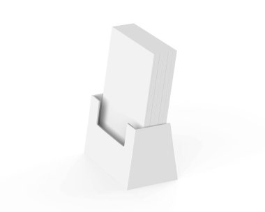 Akrilik duvar broşür tutucu modeli ve boş beyaz broşürler. 3d illüstrasyon.