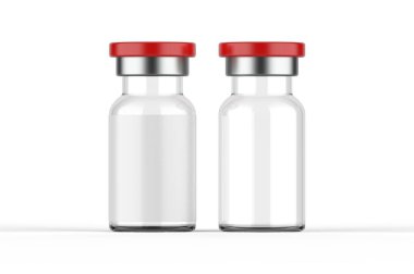 Enjeksiyon için şeffaf cam şişeler. Aşı şişesi izole edilmiş beyaz arka planda. 3d illüstrasyon.