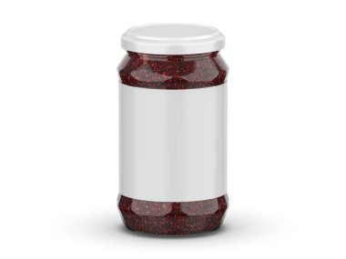 İncir reçel paketi tasarımı, cam kavanoz modeli ve beyaz arkaplanda 3 boyutlu illüstrasyon etiketi.