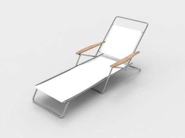 Boş beyaz katlanır güneş şezlongu modeli, 3 boyutlu illüstrasyon. Yaz için katlanmış boş havuz iskemlesi izole edilmiş beyaz arka planda maket yapın.