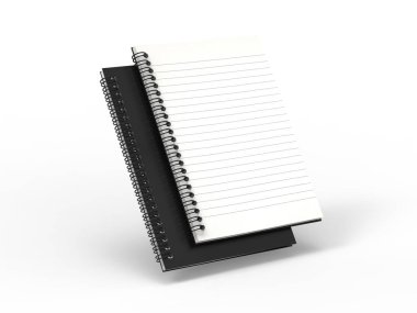 İzole edilmiş beyaz arkaplan üzerinde boş spiral not modeli, memo pad tasarım sunumunuz için şablon oluşturur, 3d illüstrasyon.