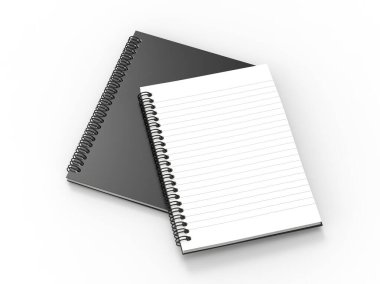 İzole edilmiş beyaz arkaplan üzerinde boş spiral not modeli, memo pad tasarım sunumunuz için şablon oluşturur, 3d illüstrasyon.