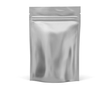 Fermuarlı folyo kesesi, yiyecek paketi. Boş poşetler, plastik poşetler, maketler. Beyaz arkaplanda izole edilmiş zip kilidi olan esnek paket, 3d illüstrasyon