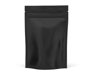 Fermuarlı folyo kesesi, yiyecek paketi. Boş poşetler, plastik poşetler, maketler. Beyaz arkaplanda izole edilmiş zip kilidi olan esnek paket, 3d illüstrasyon