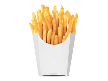 Beyaz kâğıt kızartma kutusu maketi. Patates kızartması tutacağı konteynır modeli. Fast street food karton kova ambalajı. 3B illüstrasyon