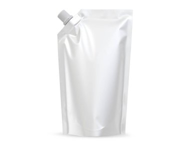 Çanta, köşedeki şapkayla birlikte ayağa kalk. İzole edilmiş beyaz arka planda, parlak bir çanta içinde mayonez sosu. 3B illüstrasyon